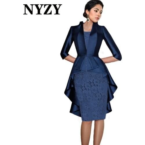 M366 NYZY With Coat 2 Piece Navy Blue Mother of the Bride Dresses Short 2021 Wedding Party Dress Robe Cocktail vestido curto