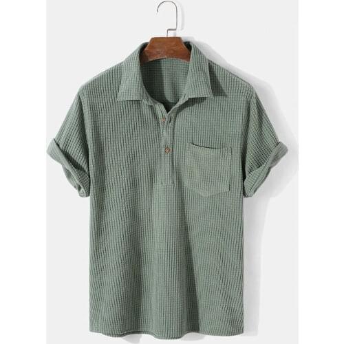 Mens Polar Fleece Short Sleeve Shirt 2021 Summer Casual Pure Color Cardigan Button Lapel Pocket Bubble Check Shirt Mens Top