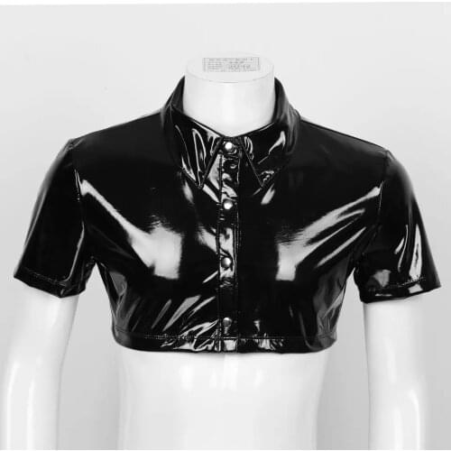 Mens Sexy Glossy Leather Short-sleeved Shirt Erotic Shaping Sheath Latex Tops Casual T-shirts Shiny Short Leather Jacket Sexi