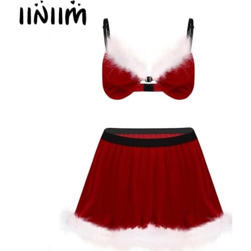 Men Adults Lingerie Exotic Sets Velvet Feathered Sissy Christmas Santa Costume Set Bra Top with Short Mini Sissy Gay Skirt