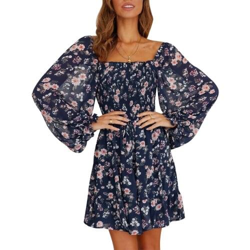 Mini Dress For Women Autumn 2021 Slash Neck Women Sexy Lace Up Pleated Floral Print Long Sleeve Dress Stretch Waist Vestido D30