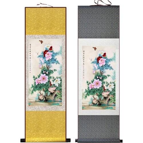 Traditional butterfly and flower Painting Home Office Decoration Chinese scroll painting butterfly and mudan painting