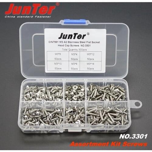 High-quality 300pcs M3 (3mm) A2 Stainless Steel DIN7991 Flat Socket Head Cap Screws Assortment Kit NO.3301