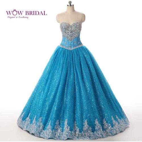 Wowbrida Real Picture Custom Made Sweetheart Blue Tulle Crystal Quinceanera Dresses Elegant Quinceanera Dress Puffy Sweet 16