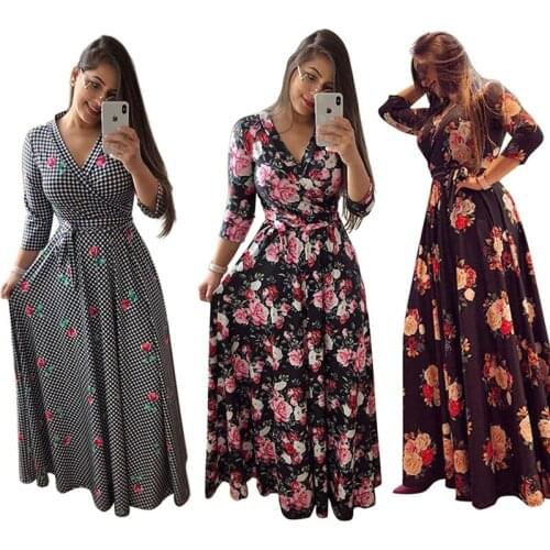 Spring Autumn Plus Size Empire Womens Maxi Dress Bohemia Flower Print Tunic Ladies Midi Dresses Vestidos 2021 Sexy Deep V Neck