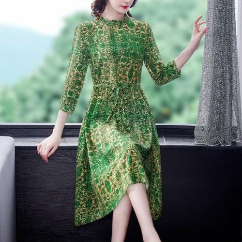 Spring Green Print Mulberry Silk Vintage Midi Dress 2021 Summer Casual 4XL Plus Size Dress Women Elegant Bodycon Party Vestidos