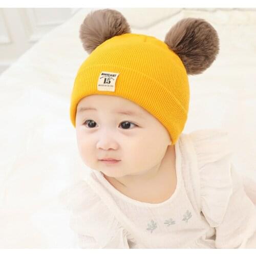 Baby Hat Newborn Girls Boys Winter Warm Knit Hat with 0-12M Baby Pompom Furry Balls Caps Cotton Baby Hat
