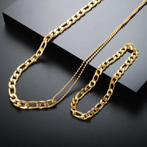 ZMFashion Multilayer Curb Cuban Link Chain Necklace Bracelet Jewelry Set For Women Men Stainless Steel Layered Wrist Gold Bangle