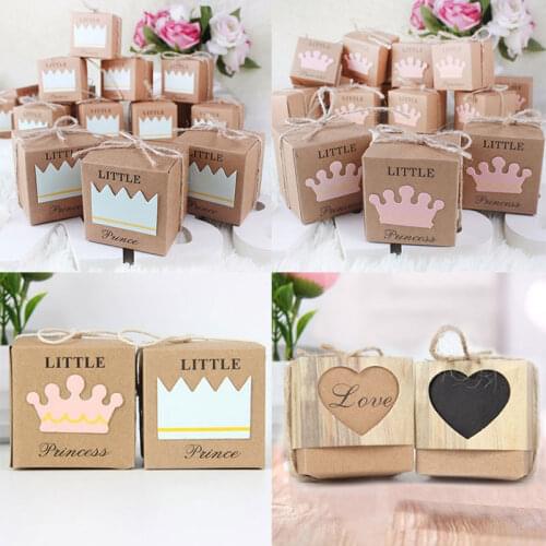 10pcs Kraft Paper Candy Box Wedding Hearts Crown in Love Rustic Bark with Burlap Twine Party Favor Packaging Bags Gift Boxes