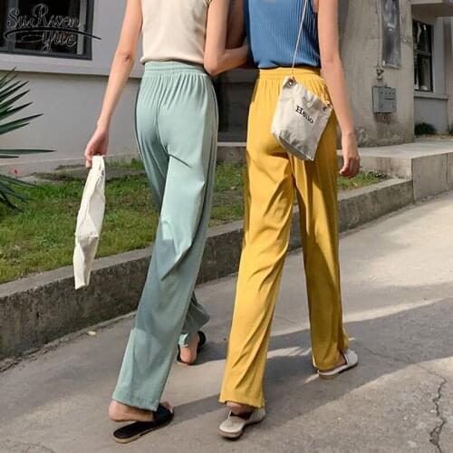 Summer New Ice Silk Womens Pants Wide Leg Pants Large Casual Solid Colors Women High Waist Straight Trousers Ropa Mujer 9391