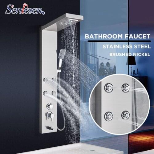 Senlesen Shower Panel Stainless Steel Wall Mount Colunm W/ Massage Jets Waterfall Rain Shower Head For Bathroom Shower Douche