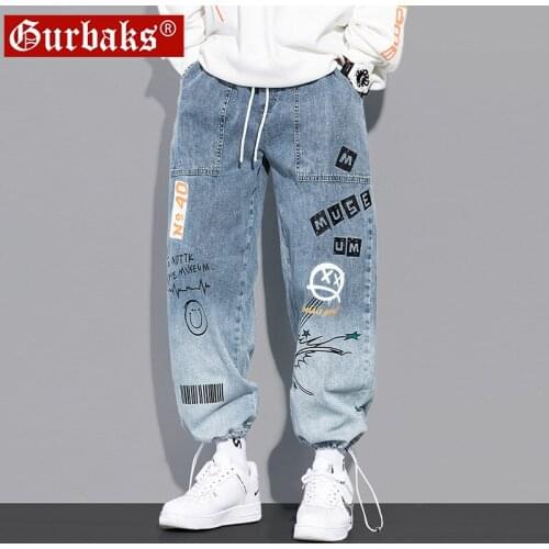 Denim Jeans men 2021 Fashion brand loose hip-hop straight casual beam feet wild drawstring Korean gradient teenager harem pants