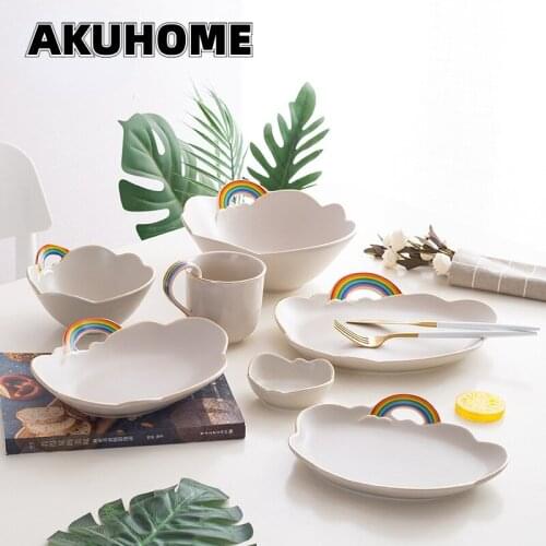 Rainbow Cloud Ceramic Tableware Creative Cute Household Bowl Soup Bowl Plate Dinner Set Plates and Dishes