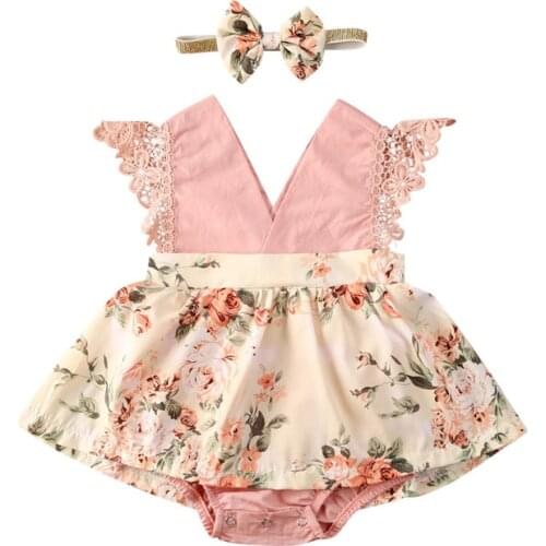 2020 Baby Girls Romper Floral Sleeveless Lace V Neck Princess Jumpsuit Tutu Dress Headband Summer Outfit