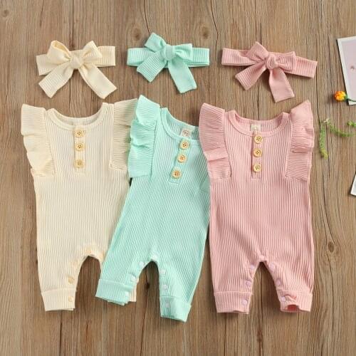 Newborn Baby Girls 2-piece Outfit Set Fly Sleeve Solid Color Romper+Headband Set for Kids Girls