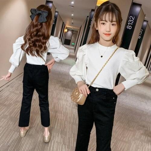 Baby Girl Clothing Set Puff Sleeve Patchwork Knit Tops+Flare Pants 2pcs Set Teenage Kids Baby Girls Outfits Clothes Set 4-13 Yrs