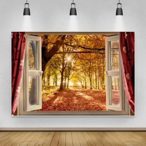 Laeacco Photo Backdrop Autumn Forest Scenic Wood Windows Home Decor Poster Party Photozone Photography Background Photo Studio