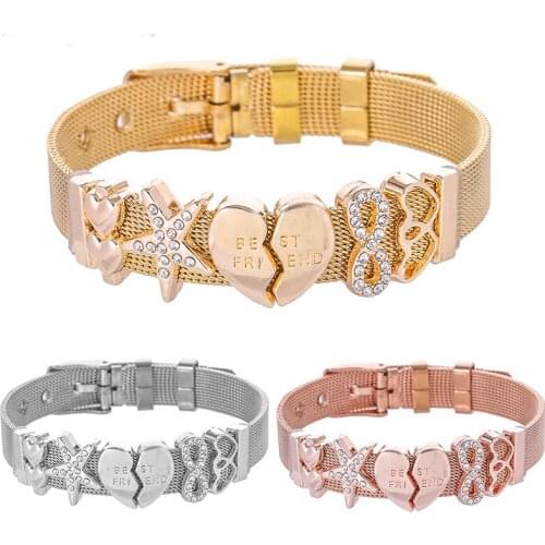 Hot Sale Stylish Mesh Fine Bracelet Rhinestone Five Star Adjusted Stainless Steel Keeper Charm Bracelets Woman Gift