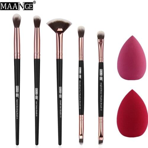 MAANGE 5Pcs/set Makeup Brushes+2PCS Waterdrop Sponges Puff Eye Shadow Powder Blush Lip Brush Top Make Up Tool Cosmetic Kit Free