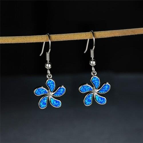Cute Female Blue Opal Drop Earrings Classic Silver Color Dangle Earrings Dainty Bridal Flower Wedding Earrings For Women