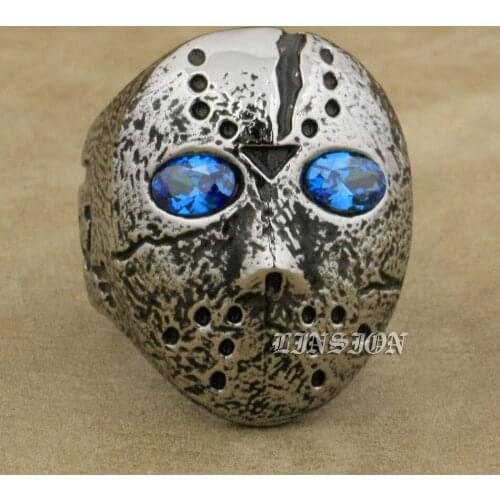 316L Stainless Steel Halloween Jason Hockey Blue Eyes Mens Biker Rocker Punk Ring R119