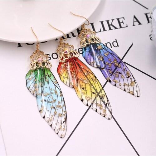 New Handmade Fairy Simulation Wing Earrings Insect Butterfly Wing Drop Earrings Foil Rhinestone Earrings Romantic Bridal Jewelry