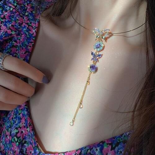Retro Luxury Sparkly Purple Crystal Butterfly Choker Necklace for Women Gold Color Alloy Pendant Necklaces Vintage Party Jewelry