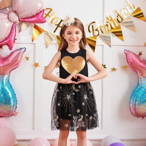 Sleeveless Sequins Heart Girl Dress Unicorn Toddler Dresses Kids Black Princess Robe Ball Gown Children Summer Clothing Vestidos