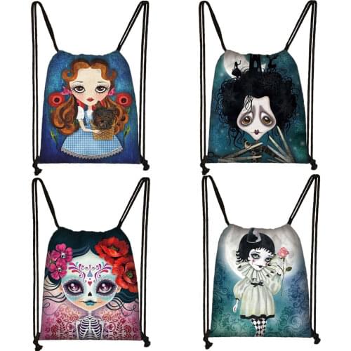 Gothic Cartoon Girl Casual Backpack Women Drawstring Bag Girl Travel Bags Portable Bookbag Canvas Storage Bag