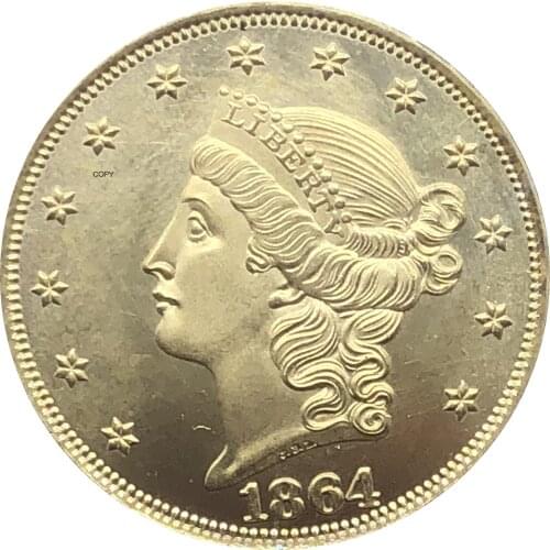 United States America Liberty Head Double Eagle US 1864 1864 S Twenty Dollars No Motto Gold Coins Brass Metal Copy Coins