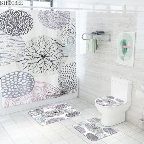 Geometry Flower Branch Print Shower Curtain Bathroom Curtains Set Abstract Art Pattern Anti-slip Rug Toilet Lid Cover Bath Mat