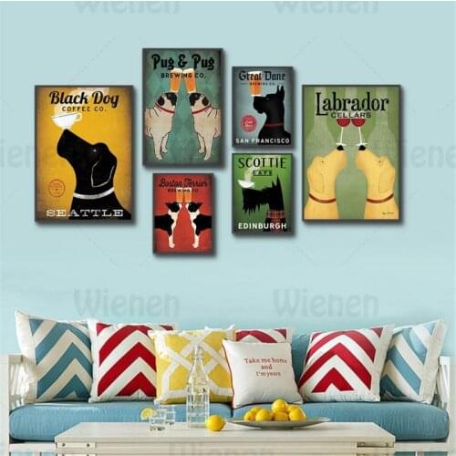 Vintage Poster Dog Wall Art Retro Medium Dog Shepherd Doberman Drink Canvas Pictures for Living Room Bar Pub Cafe Decor Unframed