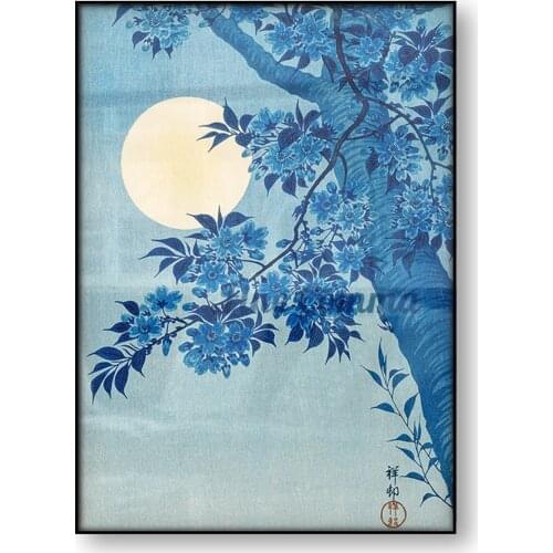Japanese Art Poster Blossoming Cherry on a Moonlit Night Ohara Koson Japan Woodblock Canvas Print Blue Tree Moon Wall Art Decor