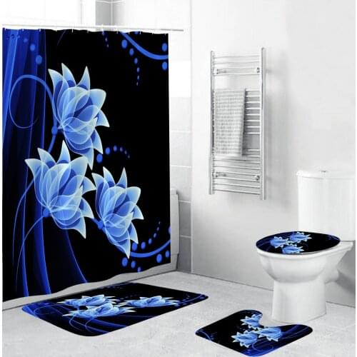 Beautiful Blue Flower Shower Curtain Waterproof Polyester Bath Curtains Anti-slip Carpet Toilet Cover Bathtub Screen Home Decor