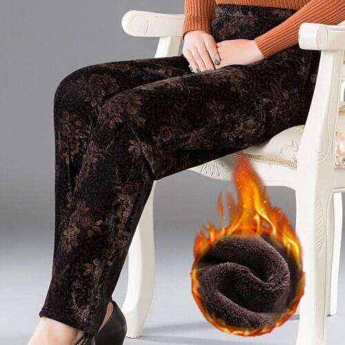 2021 Autumn Winter Women New Plus Velvet Leggings Female Thick High Wiast Plus Size Trousers Lady Flower Print Pencil Pants K514