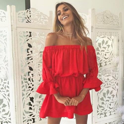 Women Slash Neck Off Shoulder Dresses Summer Flare Sleeve Bandage Solid Sundress Loose Casual Sexy Beach Vestidos Robe Dress