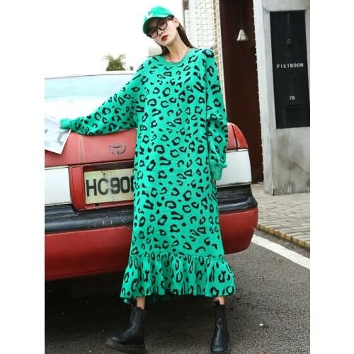 European Autumn Winter Design Sense Niche Loose Large Size Leopard Print Over-the-knee Sweater Fishtail Knit Dresses Women 2021