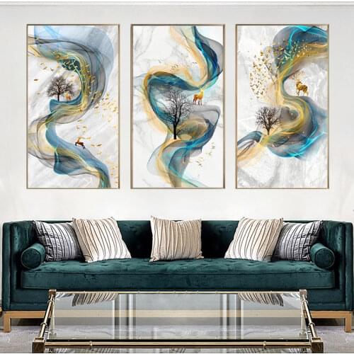 Abstract Golden Deer Canvas Painting Blue Landscape Wall Art Poster Print Modern Minimalist Tableaux Living Room Home Decor