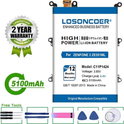 LOSONCOER Battery 5100mAh C11P1424 For Asus Zenfone 2 ZE551ML ZE550ML 5.5inch Z00AD Z00ADB Z00A Z008D