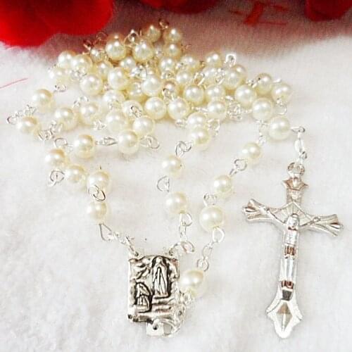 Free ship 2pc/pack 6mm glass Imitation pearl bead rosario,pearl rosary N1335 with stering silver chain red and pearl color