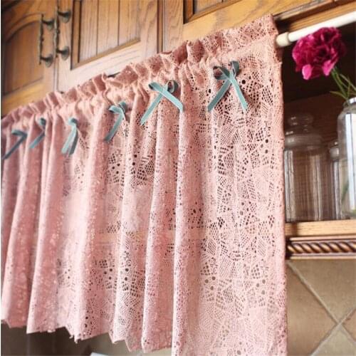 Free Shipping PInk Blue Valance Lace Half Curtain Coffee Purdah Bowknot Kitchen Short Drapes Small Shades Home Window Decoration