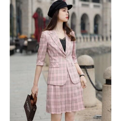 Elegant Plaid Formal Uniform Designs Women Business Work Wear Suits Spring Summer Blazers Professional Skirt Suits Spring Summer