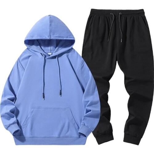 SpringAutumn Mens Hoodie+Pant Cotton Sets Hooded Sweatshirt+Sweatpant Men Sport Tracksuit Solid Hoody Suit Male 9 Colors M-5XL