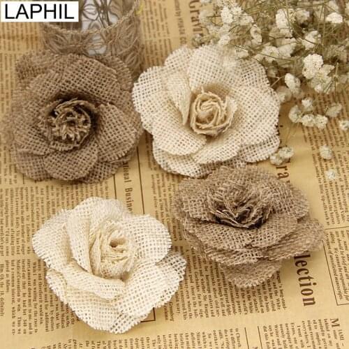 LAPHIL 5pcs Handmade Jute Burlap Rose Flower Rustic Wedding Decoration Vintage Party Favors Birthday Babyshower Party Supplies