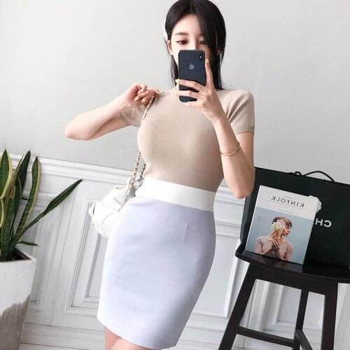 Fashion women elegant comfortable knit bouncy dress new arrival vintage casual party patchwork simple basic slim pencil dress