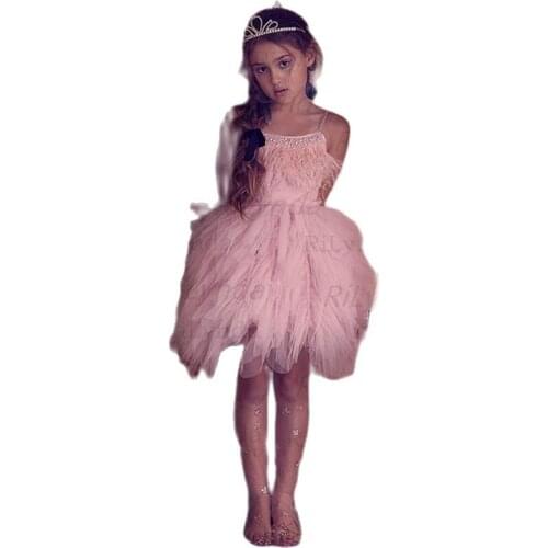 New Peach Pink Flower Girls Dresses For Wedding Beading Backless Girl Birthday Party Evening Dress Tulle Princess Ball Gown