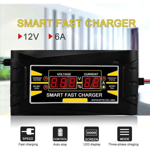 Full Automatic Car Battery Charger 150V to 250V To 12V 6A Intelligent Fast Power Charging Wet Dry Lead Acid Digital LCD Display