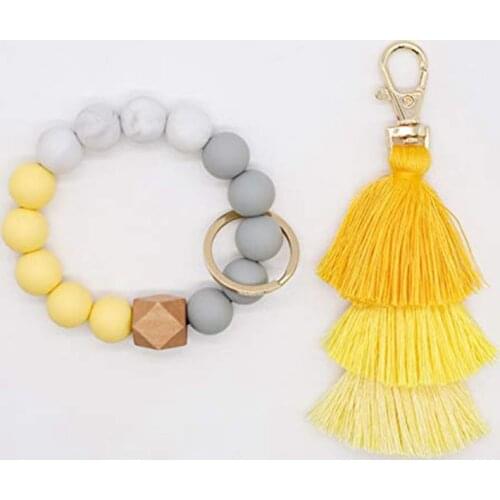 Hot Keychain Bracelet Women Silicone Keychain Beaded Tassel Trinket Car Keychain
