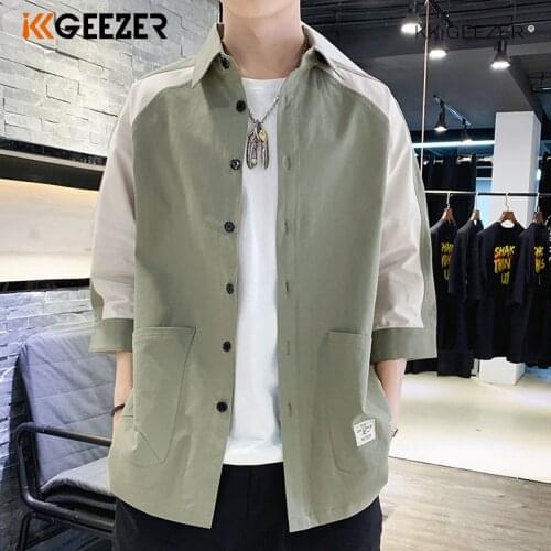 Men Shirt Three Quarter Sleeve Street Oxford Shirts Patchwork Japan Style Summer Cotton Loose Casual Tuxedo Formal Anti-wrinkle