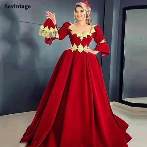 Sevintage Red Velvet Half Puff Sleeves Evening Dress A Line Gold Appliques Lace Prom Gowns 2 Pieces Party Dress Plus Size 2021